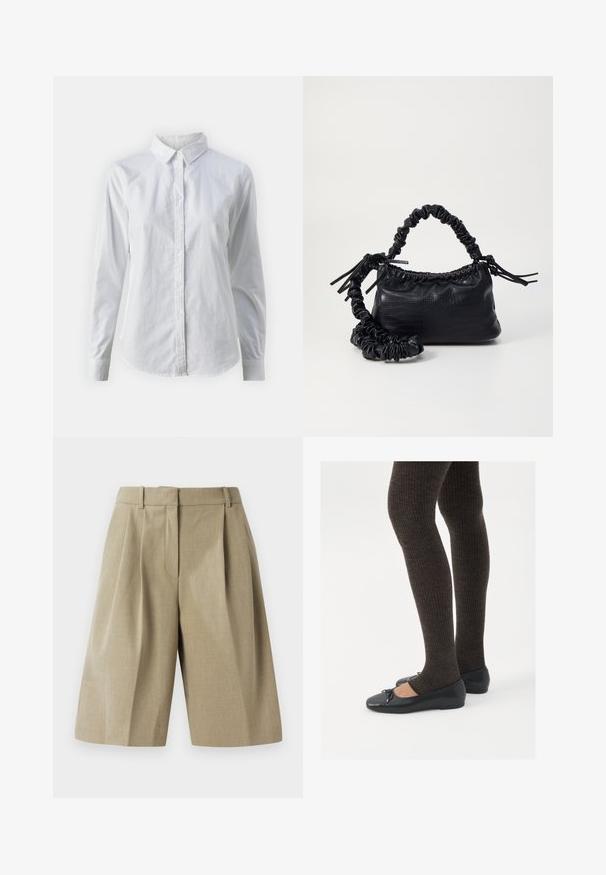 Hvit skjorte med knapper laget av glatt bomull, med klassisk krage, lange ermer og buet skjær. Knapper er små og hvite.; Beige tilpassede shorts med en plissert design, laget av et lett stoff. Har et livbånd og dype frontlommer.; Sorte flate sko med en liten sløyfedetalj på tåen, kombinert med mørkebrune ribbede strømpebukser. Skoene har en glatt overflate og lav profil.; Svart faux skinn-håndveske med krokodilletekstur, strammet topp og en rynket stropp. Ser myk og kompakt ut i designen.