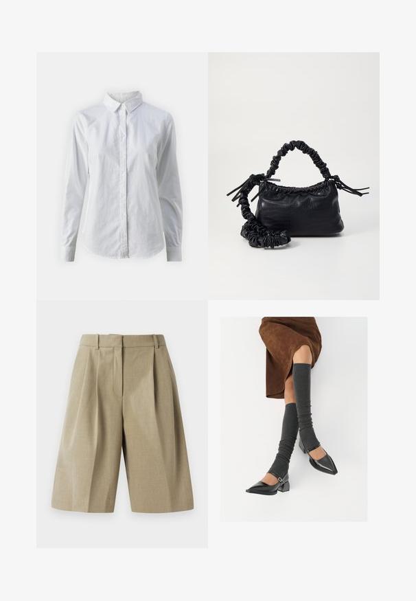 Bela srajca z gumbki, narejena iz gladkega bombaža, s klasičnim ovratnikom, dolgimi rokavi in ukrivljenim robom. Gumbi so majhni in beli.; Beženi krojeni šorti s nabornim dizajnom, izdelani iz lahkotnega materiala. Imajo pas in globoke sprednje žepe.; Črne lakirane čevlje s pointy prsti in blok peto ter z naramnicami za gleženj, ki jih kombiniramo s sivimi rebrastimi nogavicami in rjavim suknjičem iz usnja.; Črna torbica iz umetnega usnja s krokodilovo teksturo, z zvitim vrhom in zmečkano naramico. Zdi se mehka in kompaktna v oblikovanju.