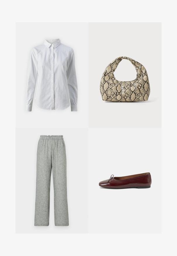 Balta marškinėliai su mygtukais, pagaminti iš lygios medvilnės, su klasikiniais apykaklės, ilgomis rankovėmis ir lenktu kraštu. Mygtukai maži ir balti.; Šviesiai pilki plačių kojų kelnių pagaminti iš tekstūruoto audinio, turi elastinį liemenį. Dizainas yra laisvas, be papildomų papuošimų.; Bordo lakiotos odos baleto bateliai su apvalia nosimi, maža kaspinėlio akcentu priekyje ir žema juoda guma padanga. Lygi tekstūra.; Gyvatės rašto rankinė su kreiviu rankenėle. Pagaminta iš tekstūruotų smėlio ir rudos spalvos medžiagų, su išskirtiniu rombo raštu.