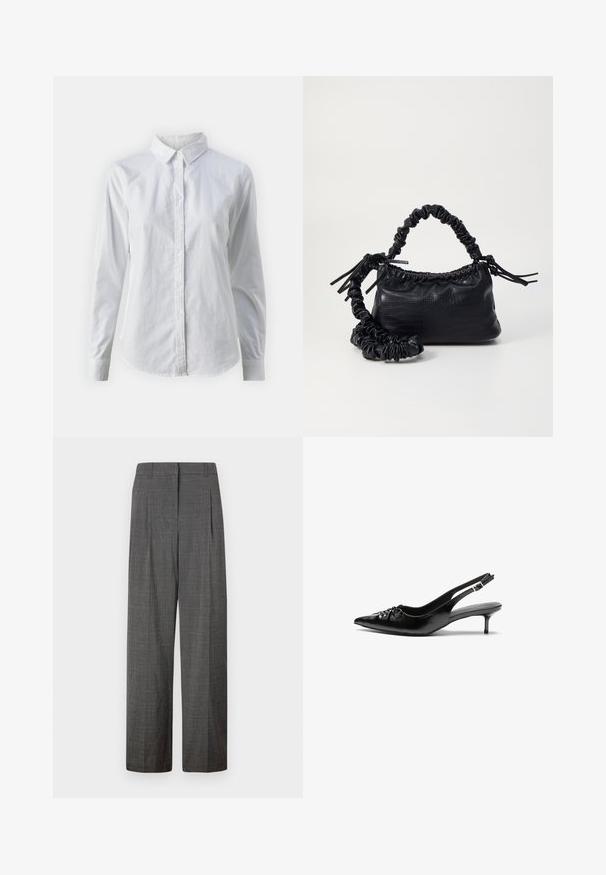 Balta pogājamā krekla augšdaļa, izgatavota no gluda kokvilnas, ar klasisku apkakli, garām piedurknēm un izliekto apakšmalu. Pogas ir mazas un baltas.; Vero Moda VMSIKITA WIDE DAD PANT - Auduma bikses - medium grey/black; Melni ādas sandales ar norādītu pirkstu, mazu kaķa papēdi un dekoratīvu mezglu detaļu priekšā. Gluda tekstūra visā virsmā.; Melnā mākslīgās ādas rokassoma ar krokodila rakstu, savilkta augšdaļa un saburzīta siksna. Izskatās mīksta un kompakta pēc dizaina.