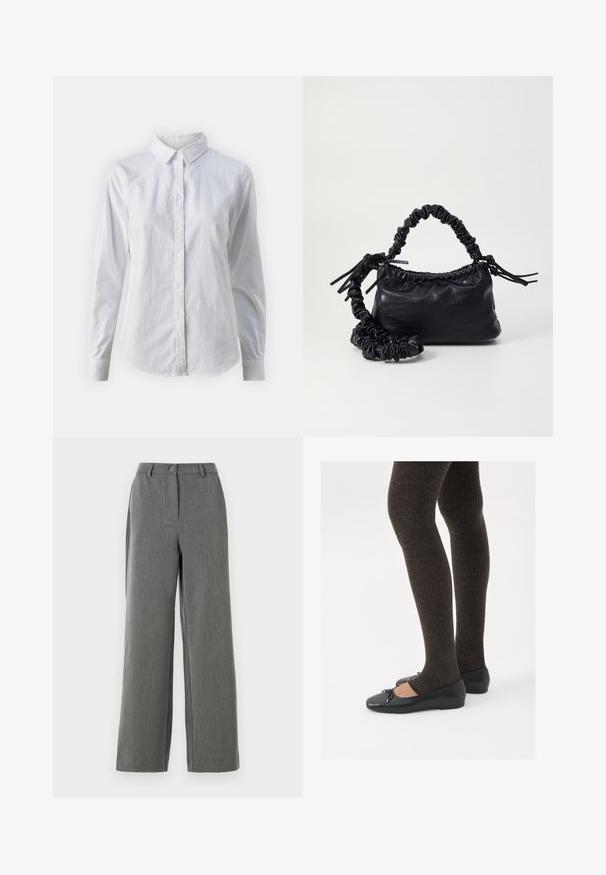 Camisa branca de botão feita de algodão suave, com colarinho clássico, mangas longas e bainha curva. Os botões são pequenos e brancos.; Calças largas cinzas com um acabamento texturizado, apresentando um fecho de botão na cintura e uma silhueta limpa e ajustada.; Sapatos planos pretos com um pequeno laço na ponta, emparelhados com meias-calças caneladas castanhas escuras. Os sapatos têm uma textura suave e um design discretamente baixo.; Bolsa de mão em couro sintético preto com textura de crocodilo, topo franzido e alça enrugada. Apresenta um design suave e compacto.