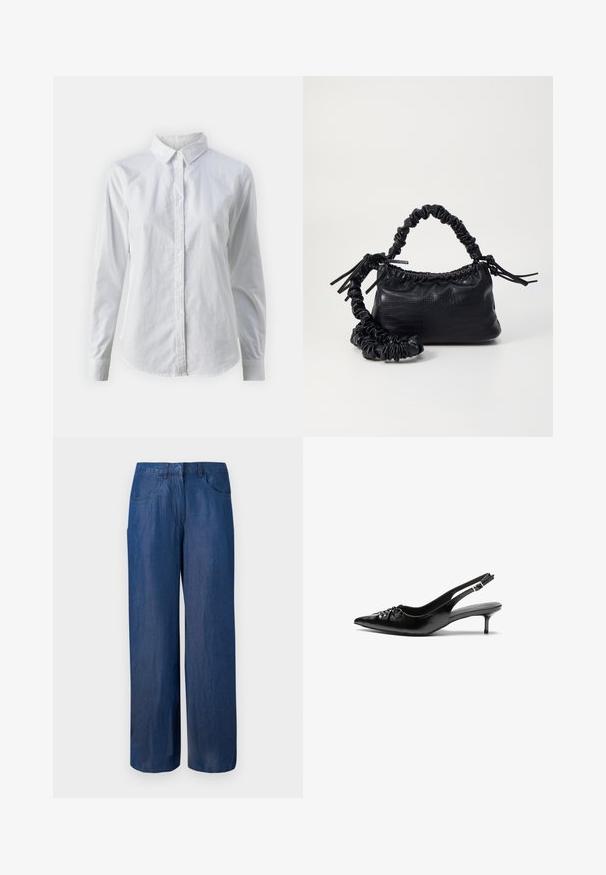 Hvit skjorte med knapper laget av glatt bomull, med klassisk krage, lange ermer og buet skjær. Knapper er små og hvite.; Bredde ben jeans i mørk blå. Laget av bomull med en jevn tekstur. Har to frontlommer og knappelukking i livet.; Sorte skinnert remsandaler med spiss tå, liten kittenhæl og en dekorativ knute detalj foran. Glatt tekstur gjennom hele.; Svart faux skinn-håndveske med krokodilletekstur, strammet topp og en rynket stropp. Ser myk og kompakt ut i designen.