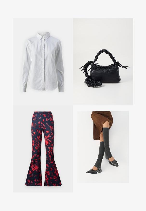 Bílá košile na knoflíky vyrobená z hladké bavlny, s klasickým límcem, dlouhými rukávy a zakřiveným spodním lemem. Knoflíky jsou malé a bílé.; Rozšířené kalhoty v námořnické látce s jasně červeným květinovým vzorem. Mají přiléhavý pas a nohavice ve tvaru zvonu. Hladká textura.; Černé lakované boty s špičatou špičkou, blokovým podpatkem a kotníkovým páskem, spárované s šedými žebrovanými návleky na nohy a hnědskou sukní z semiše.; Černá kabelka z umělé kůže s krokodýlím vzorem, staženým vrškem a zmačkaným popruhem. Zdá se, že má měkký a kompaktní design.
