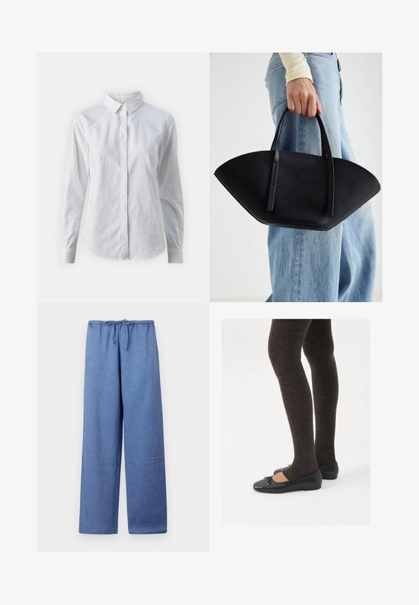 Balta marškinėliai su mygtukais, pagaminti iš lygios medvilnės, su klasikiniais apykaklės, ilgomis rankovėmis ir lenktu kraštu. Mygtukai maži ir balti.; Šviesiai mėlynos, plačios kelnės su raišteliu liemenyje, pagamintos iš minkštos medžiagos, su lygiu paviršiumi ir laisvu siluetu.; Juodos plokščios bateliai su maža kaspinėlio detale prie pirštų, derinami su tamsiai rudos spalvos raukšlėtomis pėdkelnėmis. Bateliai turi lygų paviršių ir žemą profilį.; Juodas odinis rankinis uždangalas unikaliu ventiliatoriaus formos dizainu, turintis plokščias rankenas. Paviršius turi akmeninė tekstūrą ir minimalistišką dizainą.