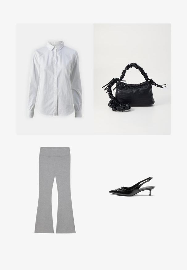 Valkoinen napitettava paita, joka on valmistettu sileästä puuvillasta. Paidassa on klassinen kaulus, pitkät hihat ja kaareva helma. Nappien koko on pieni ja ne ovat valkoiset.; Harmaat levennit, jotka on valmistettu pehmeästä ja joustavasta kankaasta. Ominaisuuksiin kuuluu sileä vyötärönauha ja tiukka reisi, joka levenee helmassa.; Mustat nahkaiset slingback-korkokengät, joissa on terävä kärki, matala kissakorko ja kerätty yksityiskohta päällisessä. Sileä pinta ja minimalistinen muotoilu.; Must-have mustekahvi nahkalaukku krokotiiliaistalla, kiristetty yläosa ja rypistetty hihna. Näyttää pehmeältä ja kompaktilta muotoilultaan.