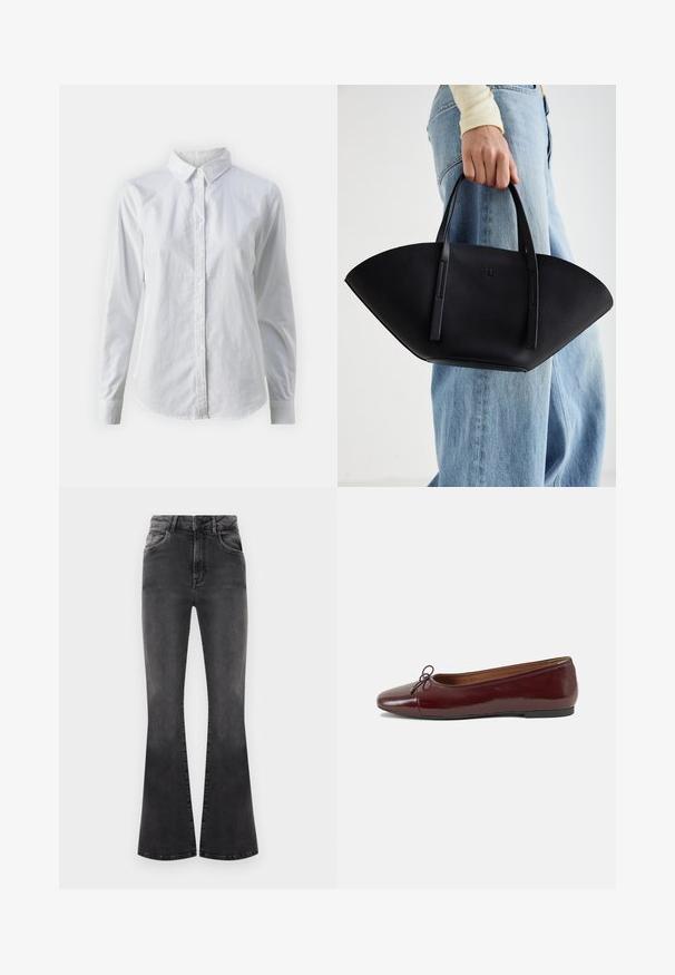 Camisa blanca de botones hecha de algodón suave, con un cuello clásico, mangas largas y un dobladillo curvado. Los botones son pequeños y blancos.; Pantalones vaqueros negros acampanados con cintura alta, detalles de costura y cinco bolsillos. La tela tiene una textura suave con un acabado desgastado.; Bailarina de charol burdeos con punta redonda, pequeño lazo en la parte frontal y una suela baja de goma negra. Textura suave.; Bolso de mano de cuero negro con una forma de abanico única, que cuenta con asas planas. La superficie tiene una textura de grano y un diseño minimalista.