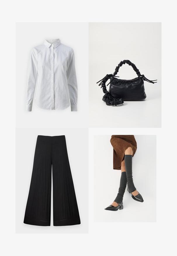 Chemise blanche à manches longues en coton lisse, dotée d'un col classique et d'un ourlet arrondi. Les boutons sont petits et blancs.; Pantalon noir à larges jambes en tissu léger. Il possède une taille plate et un matériau fluide, avec peu de détails de couture.; Chaussures à bout pointu en cuir verni noir avec un talon bloc et une bride à la cheville, accompagnées de jambières en maille grise et d'une jupe en daim marron.; Sac à main en simili cuir noir avec une texture crocodile, un dessus resserré et une sangle froncée. A l'apparence douce et compacte.