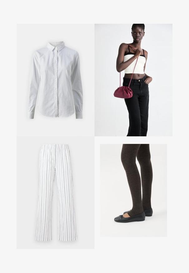 Bela srajca z gumbki, narejena iz gladkega bombaža, s klasičnim ovratnikom, dolgimi rokavi in ukrivljenim robom. Gumbi so majhni in beli.; Beli hlače z modrimi navpičnimi črtami, izdelane iz lahkega materiala. Imajo elastičen pas in široke, razširjene noge.; Črne ravne čevlje z majhnim lokom na prstih, v kombinaciji s temno rjavimi rebrastimi nogavicami. Čevlji imajo gladko teksturo in nizko obliko.; Burgundska mehka torbica z zbranim dizajnom in dolgim trakom, nošena čez telo. Model nosi belo kratko majico in črne kavbojke.