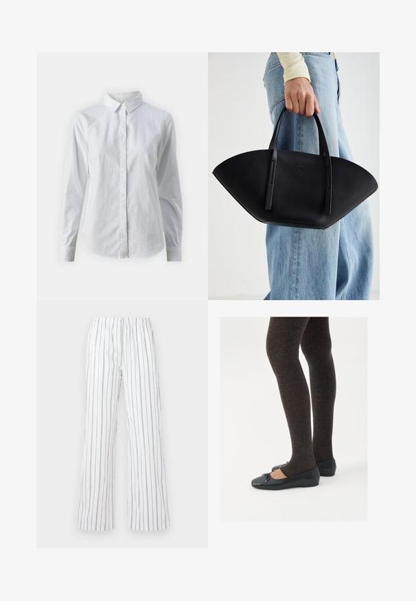 Hvit skjorte med knapper laget av glatt bomull, med klassisk krage, lange ermer og buet skjær. Knapper er små og hvite.; Hvite bukser med blå vertikale striper, laget av lett stoff. Har elastisk linning og vide, utsvingte ben.; Sorte flate sko med en liten sløyfedetalj på tåen, kombinert med mørkebrune ribbede strømpebukser. Skoene har en glatt overflate og lav profil.; Svart skinnveske med en unik vifteform, med flate håndtak. Overflaten har en pebblelignende tekstur og et minimalistisk design.