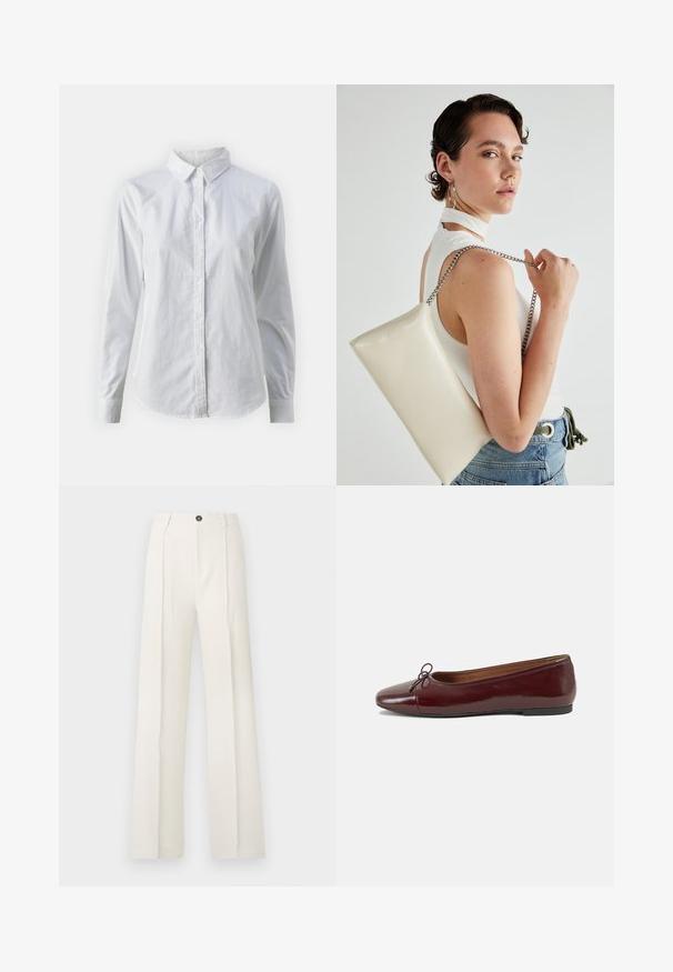 White button-up shirt made of smooth cotton, featuring a classic collar, long sleeves, and a curved hem. Buttons are small and white.; White, wide-leg trousers with a high waist, featuring two front pleats, a single button closure, and pockets. Smooth fabric texture.; Burgundy patent leather ballet flat with a rounded toe, small bow accent at the front, and a low, black rubber sole. Smooth texture.; White rectangular clutch bag made of glossy material, featuring a silver chain strap. Model poses, showcasing the bag against a plain background.