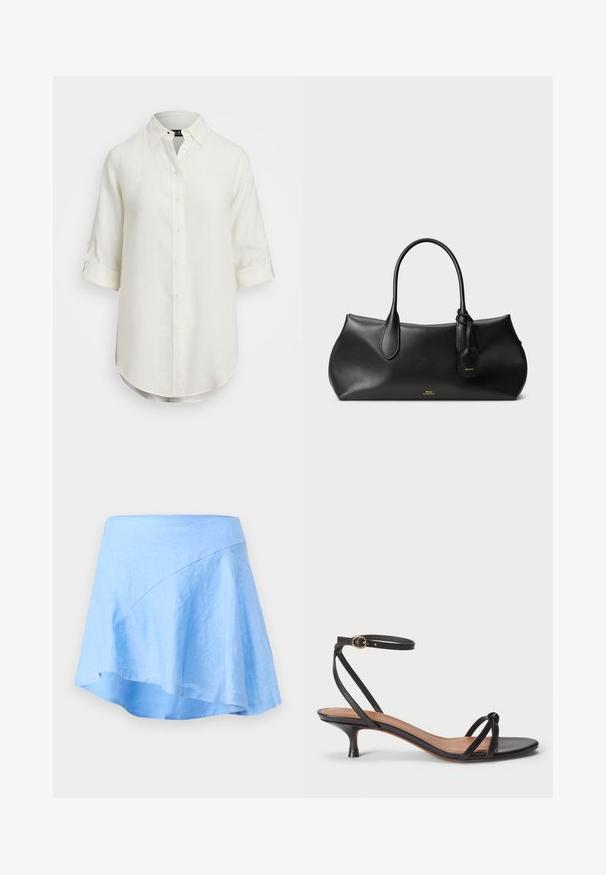Biała lniana koszula z zapięciem na guziki, krótkimi podwiniętymi rękawami, kołnierzykiem i okrągłym dołem. Posiada jasne guziki.; Jasnoniebieska spódnica lniana o kształcie litery A z asymetrycznym dołem. Charakteryzuje się gładką teksturą oraz minimalnymi detalami szwów.; Polo Ralph Lauren - Czółenka; Czarna skórzana torebka o gładkiej fakturze, zaokrąglonym kształcie, z dwoma uchwytami i małą metką przymocowaną do niej. Subtelne logo marki w złotym kolorze z przodu.