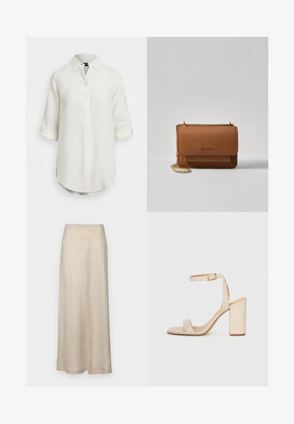Bijela lanena košulja s dizajnom na dugmad, kratkim prevrnutim rukavima, ovratnikom i zaobljenim rubom. Ima svijetle gumbe.; Bež dugo suknja od lana s jednostavnim, ravnim dizajnom i glatkom teksturom, koja ima visok struk i nema vidljivih uzoraka ili ukrasa.; Bež sandale na visoku petu s kvadratnim vrhom, tankim remenom oko gležnja i blok petom. Glatka kožna tekstura s detaljem zlatne kopče.; Smeđa kožna torba preko tijela s teksturom, zlatnim lančićem i preklopom na zatvaranju. Na prednjoj strani nalazi se detalj s potpisom i džep ispod preklopa.