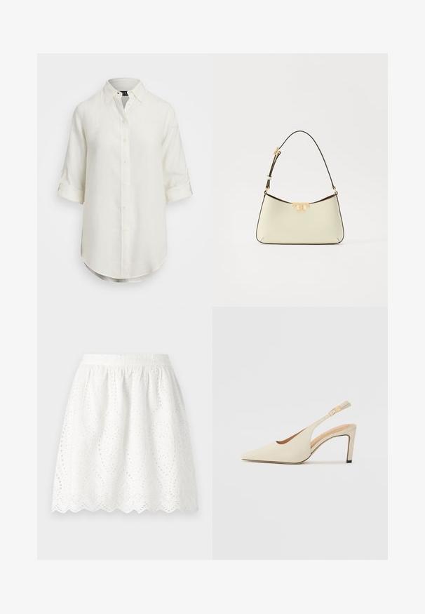 White linen shirt with a button-up design, short rolled sleeves, a collar, and a rounded hem. Features light-colored buttons.; White eyelet skirt with a scalloped hem. Features a gathered waistband and intricate pierced patterns throughout the fabric.; Beige leather slingback heels with a pointed toe, open side design, and a slim high heel. Features a gold accent on the strap.; Leather handbag in cream with a curved shape. Features a gold-tone logo accent and a thin, adjustable dark strap.