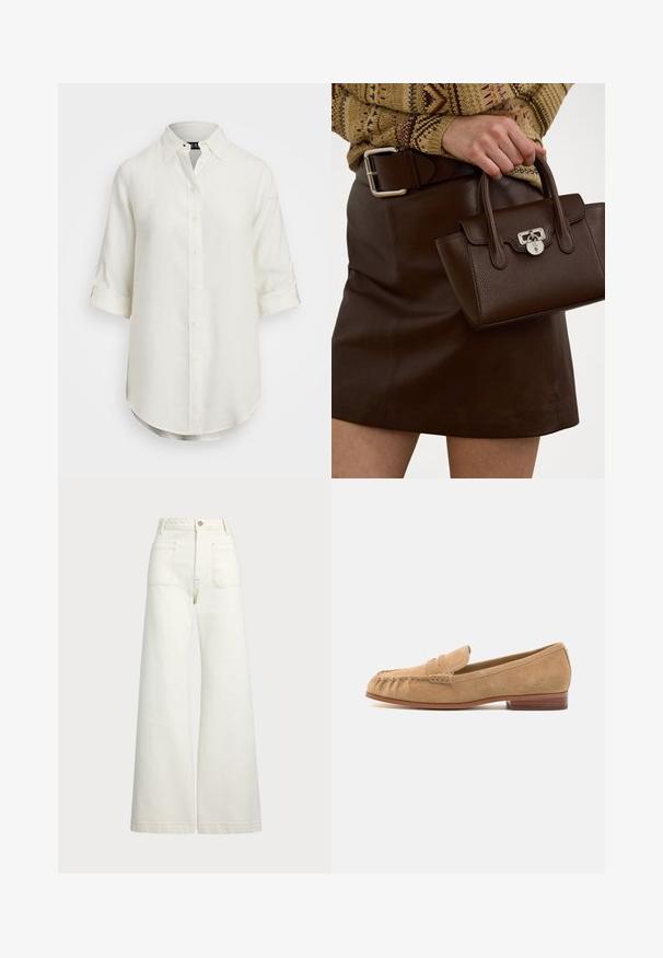 Witte linnen blouse met een knoopsluiting, korte opgerolde mouwen, een kraag en een afgeronde zoom. Voorzien van lichtgekleurde knopen.; Wijd-zit jeans van off-white denim. Hooggaande taille met een knoopsluiting, twee voorzakken en contrasterende stikdetails.; Suède loafers in lichtbeige met een ronde neus, een voorbandaccent en een lage houten hak. Gladde textuur en minimale stikdetails.; Een bruine leren handtas met een gestructureerde afwerking en zilverkleurige hardware, vastgehouden met een hand naast een bruine leren rok en een gebreid patroontrui.