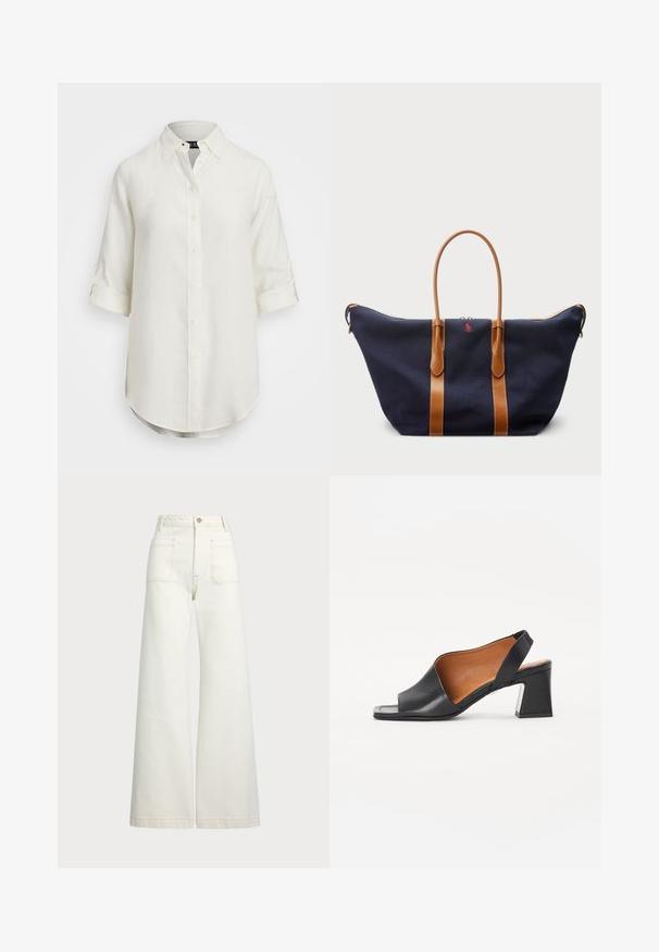 Cămașă albă din in cu un design cu nasturi, mâneci scurte rulate, guler și un hem rotunjit. Prezintă nasturi în culori deschise.; Jeans cu picioare late din denim alb-crem. Design cu talie înaltă, cu închidere prin nasture, două buzunare frontale și detalii cu cusături contrastante.; Pantofii din piele neagră, cu vârf deschis și curea pentru gleznă, au un toc pătrat și un interior bej. Prezintă un design curbat al părții superioare și o talpă texturată.; Geantă duffel din pânză bleumarin cu curele din piele bej, închidere cu fermoar și un detaliu mic cu logo roșu în față, având un design larg și spațios.