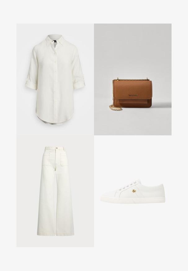 Hvit lin skjorte med knappestolpe, korte oppbrettede ermer, krage og rundet nederkant. Har lyseknapper.; Vidde bukser i off-white denim. Høyt liv-design med knappelukking, to frontlommer og kontrastsøm detaljer.; Lauren Ralph Lauren JANSON II CANVAS SNEAKER - Joggesko - optic white; Brun teksturert lær crossover-veske med gullkjede-stropp og klaffelukking. Fronten har logo-detalj og en lomme under klaffen.