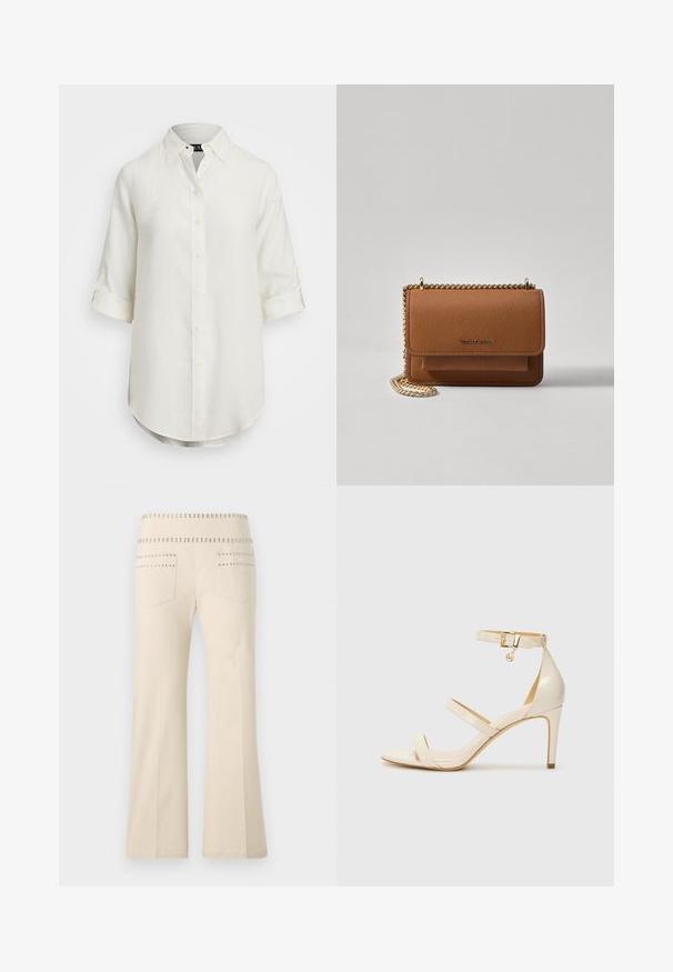 Bela lanena srajca z gumbnim zapenjanjem, kratkimi zavihanimi rokavi, ovratnikom in zaobljenim robom. Ima svetle gumbe.; Kremne hlače s širokimi nogavicami in okrasnimi niti vzdolž pasu in zadnjih žepov, izdelane iz mehkega, teksturiranega materiala.; Bež čevlji na visoki peti s tankim trakcem okrog gležnja in dvema zgornjima trakoma. Sijajna lakirana površina in zlat detajl na trakcu okrog gležnja.; Rjava teksturirana usnjena torba čez ramo z zlatim verižnim trakom in zapiranjem na pokrov. Spredaj je vidna podrobnost logotipa in žep pod pokrovom.