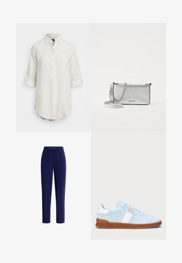 Bijela lanena košulja s dizajnom na dugmad, kratkim prevrnutim rukavima, ovratnikom i zaobljenim rubom. Ima svijetle gumbe.; Mornarski plavi hlače od glatkog materijala s prilagođenim krojem, prednjim nabora i srednje visokim pojasom.; Svijetloplavi antilop tenisice s bijelom prugom, gumeni đon i detalj s logotipom. Ravne vezice i podstavljen jezik povećavaju udobnost.; Srebrna kožna torba preko tijela s teksturiranom završnom obradom, detaljima od lanca i trake, te zatvaranjem na zip. Ima logo na prednjoj strani.