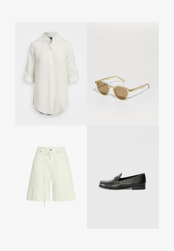 Balta lina krekls ar pogu dizainu, īsām rullētām piedurknēm, apkakli un noapaļotu apakšmalu. Iespējas ar gaišām pogām.; Gai bežīgi džinsu īsie bikses ar brīvu piegulšanu, jostu cilpām, priekšējām kabatām un aukliņu funkciju jostas vietā. Gluda tekstūra.; Melnas ādas loafers ar noapaļotu purngalu, paaugstinātiem izšuvumiem un zemu sakrautu papēdi. Gluda tekstūra ar smalku spīdumu.; Saulesbrilles ar apaļiem, caurspīdīgiem dzelteniem rāmjiem un brūniem stikliem. Iezīmējas ar plānām, taisnām kājiņām un diskrētu zīmola atpazīšanu.; Brūns zamšs tote soma ar divām roktēm, pogu aizdari un brīvu, nedaudz izplūdušu formu.