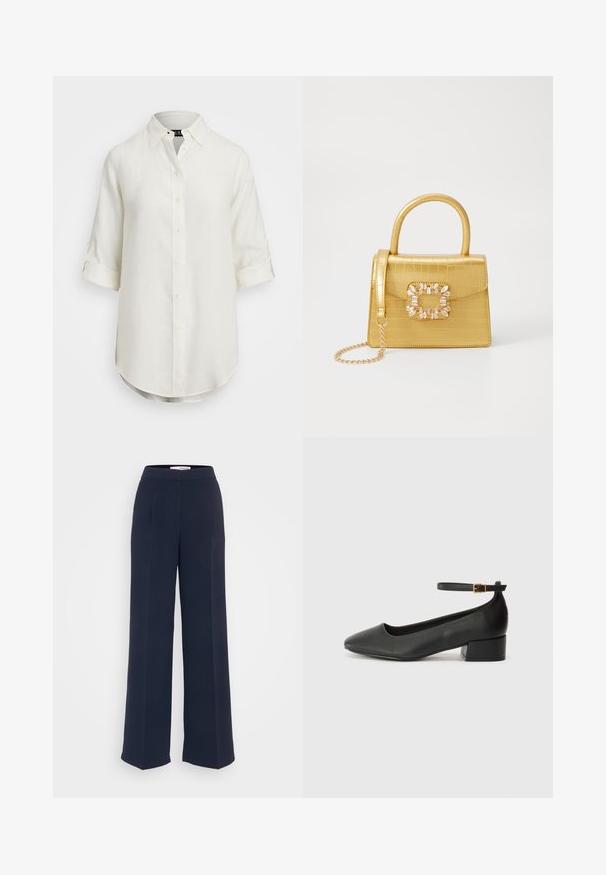 Hvit lin skjorte med knappestolpe, korte oppbrettede ermer, krage og rundet nederkant. Har lyseknapper.; Havneblå høyt liv vide bukser laget av glatt stoff, med legg, flat front og et rent design uten synlig maskinvare.; Sorte skinnpumper med spiss tå og lav blokkhelt. Har ankelrem med gullfarget spenne. Glatt tekstur.; Gul faux-krokodille veske med en strukturert design, toppen håndtak, avtagbar kjede stropp, og dekorativ krystallbortsettelse på låsen.