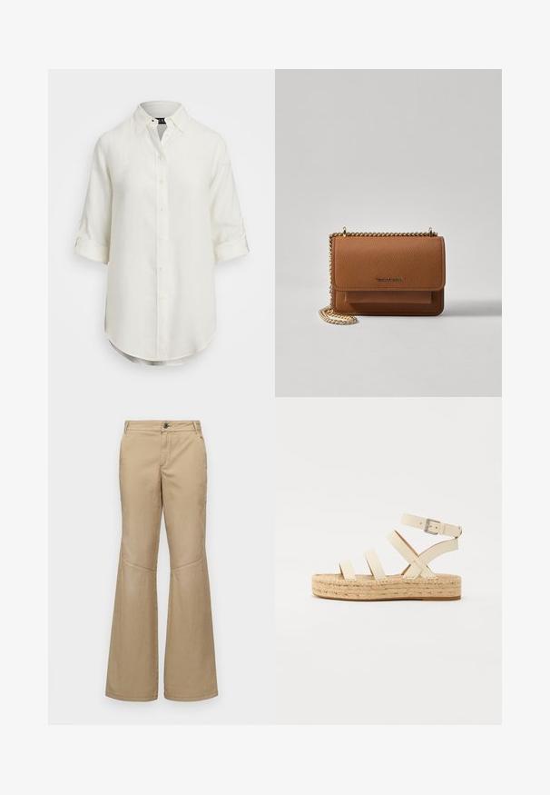 Bela lanena srajca z gumbnim zapenjanjem, kratkimi zavihanimi rokavi, ovratnikom in zaobljenim robom. Ima svetle gumbe.; Bež hlače širokega kroja z gumbom za zapiranje, sprednjimi in stranskimi žepi ter podrobnostmi v šivanju, izdelane iz lahkega, strukturiranega materiala.; Svetlo bež usnjene espadrile s štirimi križnimi trakovi in paščkom okoli gležnja, ki imajo pleteni jute podplat ter raven gumijast dno.; Rjava teksturirana usnjena torba čez ramo z zlatim verižnim trakom in zapiranjem na pokrov. Spredaj je vidna podrobnost logotipa in žep pod pokrovom.
