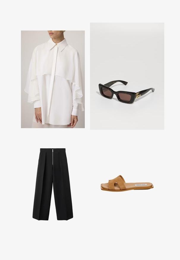 Bela bluza z strukturiranim ovratnikom, asimetričnimi oblazinjenimi rokavi in gumbom na vratu. Narejena je iz gladkega, lahkega materiala.; Črne široke hlače s sprednjimi gubami in vidnim srebrnim zadrgo na pasu, ravnim sprednjim delom in stranskima žepoma.; Bež nubuk sandali na peto, z dvema širokima trakoma s perforacijami, ravnim podplatom in diskretnim logotipom na notranji strani.; Črne želvje sončne očala s pravokotnimi lečami, rjavim odtenkom, debelim okvirjem in zlatim dvojnega G logotipom na obročku.
