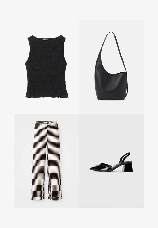 Svart ärmlös topp med rynkad textur, rund halslinning och utsvängd kant. Tyget är mjukt och elastiskt. Inga synliga detaljer eller mönster.; Randiga pyjamasbyxor med en avslappnad passform, tillverkade av mjukt tyg. Har växelvis bruna och krämfärgade horisontella ränder, samt resårmidja med dragsko.; Svarta lackläder slingback klackar med spetsig tå och geometrisk klack. Har en elegant, minimalistisk design och slät yta.; Svart läder hobo-väska med en slät textur, kurvig form och en justerbar axelrem; har en bred öppning upptill.
