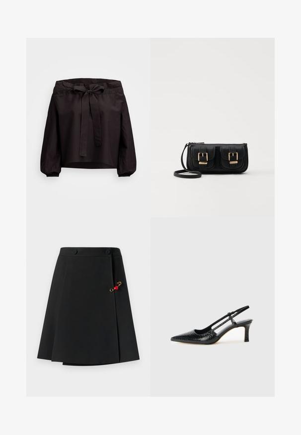 Top scurt negru cu talie strânsă, având un legătura frontală și manșete elastice. Fabricat dintr-un material ușor, cu o textură netedă.; Fustă neagră cu un design evazat, având două nasturi în față și un accent auriu cu un detaliu în formă de inimă roșie pe lateral. Textură de material neted.; Pantofi cu toc slingback negri din patent, cu vârf ascuțit, cu imprimeu de șarpe texturat, curea ajustabilă și toc scurt texturat.; Geantă neagră din piele, tip crossbody, cu două buzunare frontale, catarame aurii, închidere cu fermoar și o curea subțire. Suprafață texturată și formă rectangulară compactă.