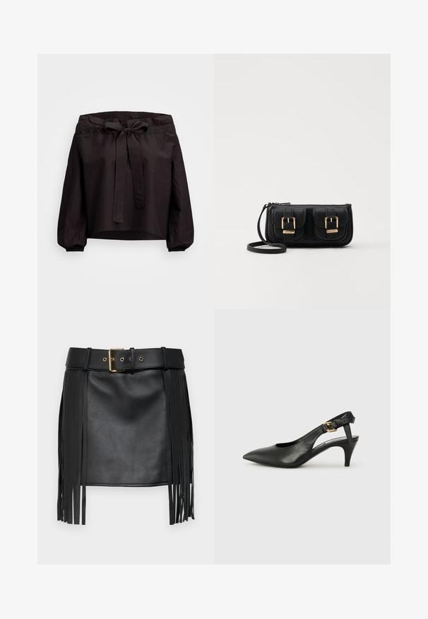 Top scurt negru cu talie strânsă, având un legătura frontală și manșete elastice. Fabricat dintr-un material ușor, cu o textură netedă.; Fustă din piele ecologică neagră cu detalii franjurate. Prezintă o centură largă cu o cataramă aurie și multiple găuri de ajustare. Textură netedă.; Pantofii slingback din piele neagră, cu vârf ascuțit, toc mic și detaliu cu cataramă pe brățara gleznei. Textură netedă, design minimalist.; Geantă neagră din piele, tip crossbody, cu două buzunare frontale, catarame aurii, închidere cu fermoar și o curea subțire. Suprafață texturată și formă rectangulară compactă.