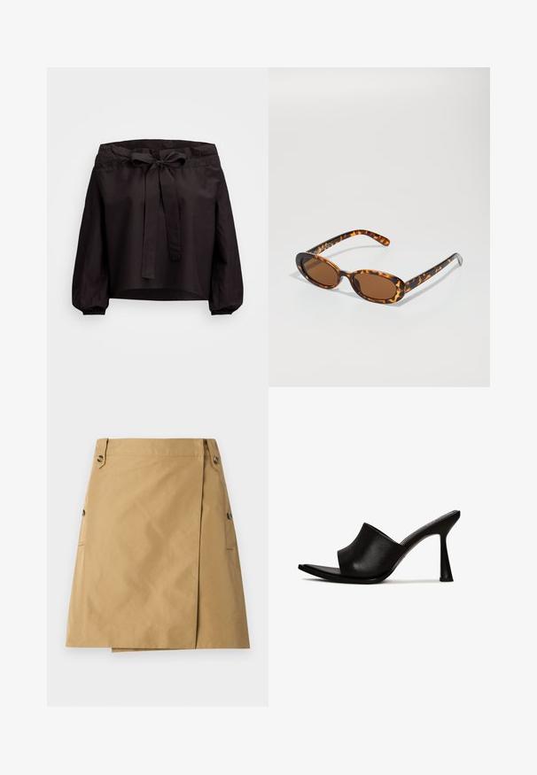 Crop top noir avec une taille cintrée, présentant un nœud sur le devant et des poignets élastiqués. Fabriqué en tissu léger avec une texture lisse.; Jupe beige en tissu lisse avec un revêtement avant, dotée de deux poches latérales et de deux boutons à la taille.; Mules à talons hauts noirs avec un extérieur en cuir lisse, à bout ouvert et au design courbé. Dotés d'un talon aiguille élégant et d'un style minimaliste.; Lunettes de soleil en écaille de tortue avec des montures ovales, des verres marron et des branches noires fines présentant des accents de motif subtils.; Sac à main structuré blanc avec de courtes poignées et une bandoulière, doté de accents en métal doré et d'un matériau texturé, présenté sur un fond gris.; Bracelet en métal doré avec un extérieur lisse et un intérieur texturé. Présente une conception large et arrondie avec une découpe ouverte d'un côté.