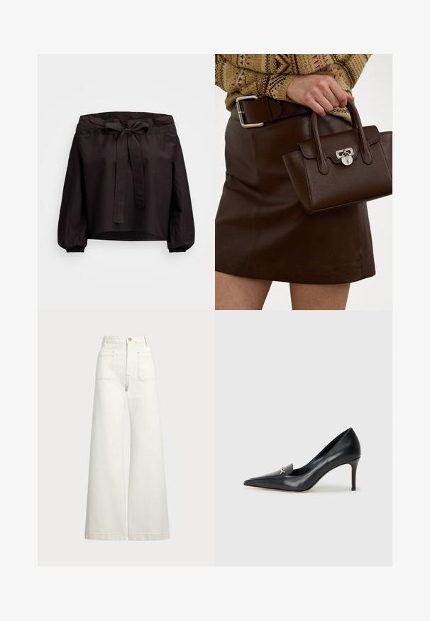 Top scurt negru cu talie strânsă, având un legătura frontală și manșete elastice. Fabricat dintr-un material ușor, cu o textură netedă.; Jeans cu picioare late din denim alb-crem. Design cu talie înaltă, cu închidere prin nasture, două buzunare frontale și detalii cu cusături contrastante.; Pantof cu toc din piele neagră, cu vârf ascuțit, decolteu adânc și un accent decorativ auriu. Prezintă un toc stiletto și o textură netedă.; Geantă din piele maronie cu un finisaj texturat și accesorii din argint, ținută cu o mână lângă o fustă din piele maronie și un pulover cu model.