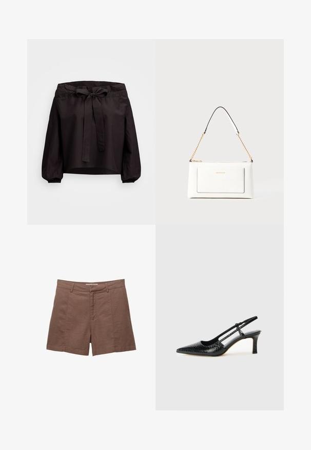 Čierny skrátený top s uzavretým pásom, so zaväzovaním vpredu a elastickými manžetami. Vyrobený z ľahkej látky s hladkou textúrou.; Hnedé ľanové šortky s plochým predným dielom, dvoma prednými vreckami a hladkou textúrou. Majú upravený strih a rovný lem na spodnej časti.; Čierne patentové slingback topánky na ihlovom podpätku s špicatou špičkou, s textúrovaným hadím vzorom, nastaviteľným popruhom a krátkym, textúrovaným blokovým podpätkom.; Biele kožené kabelka s textúrovaným povrchom, ktorá má zlatý retiazkový popruh a čierne akcenty. Obsahuje prednú kapsu a zipsové zapínanie.