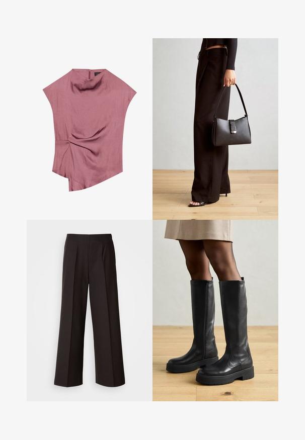 Asymetryczna bluzka w odcieniu przykurzonego różu, wykonana z lekkiego materiału. Posiada skręcone detale w talii oraz subtelny wysoki dekolt z zamkiem błyskawicznym z tyłu.; Czarne spodnie szerokie w nogawkach z płaskim przodem, fałdami i gładką teksturą materiału. Posiadają wysoki stan i dopasowany krój, zapewniający zarysowaną sylwetkę.; Czarne kozaki do kolan wykonane ze skóry o gładkiej fakturze, z grubą gumową podeszwą i bocznym zamkiem błyskawicznym ułatwiającym zakładanie.; Czarna torebka o usztywnionym kształcie, gładkiej fakturze i metalowym zapięciem. Połączona z szerokimi czarnymi spodniami i sandałami na otwartym palcu na drewnianej podłodze.