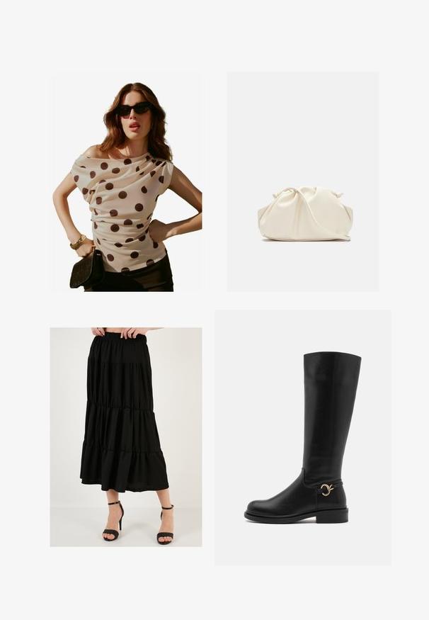 Blusa crema con puntos negros, con escote drapeado y mangas cortas, combinada con un bolso de mano negro y gafas de sol. Tejido suave y ligero.; Falda larga negra en capas con cinturilla elástica, tela ligera y una silueta fluida, combinada con zapatos de tacón altos negros con tiras.; Anna Field Wide Fit Botas - black; Bolso de cuero sintético suave y de color crema con diseño fruncido, correa ajustable y cierre de cuerda sutil. Textura suave y forma redondeada.; Pendientes de gota de plata con superficies redondeadas y reflectantes; diseño minimalista con textura suave y un sutil detalle de marca.
