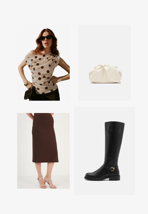 Krémová halenka s puntíky, draped výstřihem a krátkými rukávy, spárovaná s černým psaníčkem a slunečními brýlemi. Hladká, lehká tkanina.; Hnědá žebrovaná midi sukně s bočním rozparkem, doplněná béžovými lodičkami s vysokým podpatkem. Sukně má přiléhavý pas a strukturovanou látku.; Anna Field Wide Fit Vysoká obuv - black; Krémová, měkká taška z umělé kůže s nabráním, nastavitelným popruhem a nenápadným stahováním. Hladký povrch a zakulacený tvar.; Stříbrné visací náušnice s kulatými, odrazovými povrchy; minimalistický design s hladkým povrchem a jemným logem.