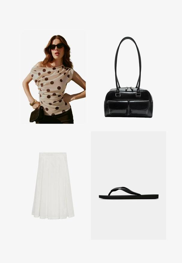 Krémová blúzka s bodkami, s drapovaným výstrihom a krátkymi rukávmi, skombinovaná s čiernym clutchom a slnečnými okuliarmi. Hladká, ľahká tkanina.; Mango sukňa v tvare A - white; Čierne gumené žabky s textúrovaným popruhom a jednoduchou plochou podrážkou, zobrazené z boku na jednofarebnom svetlom pozadí.; Čierna kožená kabelka s dvoma prednými vreckami, dvojitými uchami a zipsom na vrchu. Hladký povrch a zaoblený tvar.