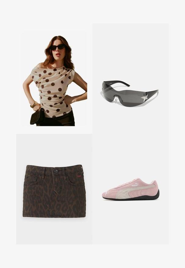 Kreminės spalvos bliuskė su taškeliais, turinti drapiruotą iškirptę ir trumpas rankoves, derinama su juodu rankiniu krepšiu ir saulės akiniais. Sklandi, lengva medžiaga.; Tamsiai rudas džinsinis trumpas sijonas su leopardų raštu, turintis mygtukų užsegimą, dirželių kilpas ir priekines kišenes. Raudona logotipo detalė.; Rožinės zomšinės sportbačiai su pilkų akcentų, sraigtančių dizainu, tekstūruota viršutinė dalis ir juodas guminis padas. Šone yra Puma logotipas.; Juodos saulės akinius su apvaliu dizainu, tamsiai tonuotais lęšiais, blizgančiais žvaigždės formos akcentais ir reguliuojamomis nosies pagalvėlėmis.; Juodas audinio maišelis su tekstūruota, siuvinėta raštu. Apvalios formos, trumpi, stori rankenėlės ir minkšta, lanksti struktūra.