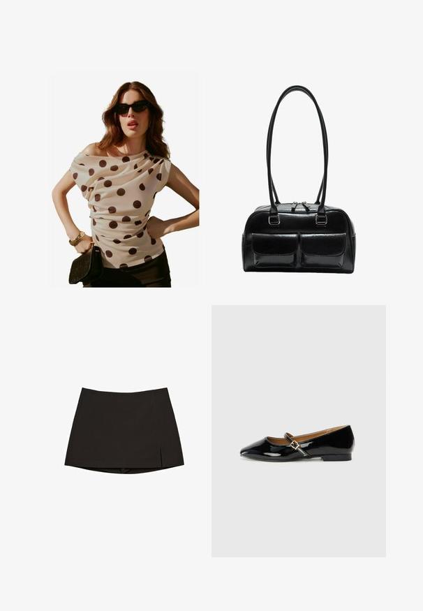 Blouse crème à pois avec décolleté drapé et manches courtes, associée à une pochette noire et des lunettes de soleil. Tissu lisse et léger.; Mini-jupe noire en tissu lisse, avec une coupe droite, des fentes latérales et un ourlet net. Simple et polyvalente.; Chaussure plate en cuir verni noir avec un bout pointu, une bride de cheville avec une boucle en tonalité dorée, et un petit talon carré. Fini lisse et brillant.; Sac à main en cuir noir avec deux poches avant, deux poignées et une fermeture zippée en haut. Texture lisse et forme arrondie.