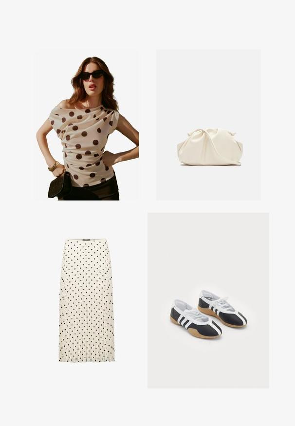 Crème blouse met polka dots, een gedrapeerde halslijn en korte mouwen, gecombineerd met een zwarte clutch en zonnebril. Soepele, lichtgewicht stof.; Plissé midi rok in crème met zwarte stippen. Heeft een zachte textuur en een nauwsluitende tailleband. Lengte tot halverwege de kuit.; Zwart-witte sport schoenen met een slank ontwerp, rubberen zool, vetersluiting en drie witte strepen aan de zijkanten.; Crème-kleurige, zachte neplederen tas met een geplooid ontwerp, verstelbare schouderband en subtiele trekkoordsluiting. Gladde textuur en ronde vorm.