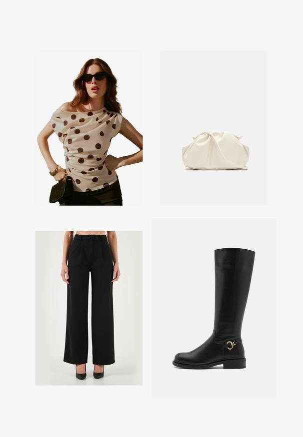 Crème blouse met polka dots, een gedrapeerde halslijn en korte mouwen, gecombineerd met een zwarte clutch en zonnebril. Soepele, lichtgewicht stof.; Zwarte wijde broek gemaakt van gladde stof. Kenmerkt zich door een hoge taille, voorplooien en een dubbele knoopsluiting. Ontworpen voor een ontspannen pasvorm.; Anna Field Wide Fit Laarzen - black; Crème-kleurige, zachte neplederen tas met een geplooid ontwerp, verstelbare schouderband en subtiele trekkoordsluiting. Gladde textuur en ronde vorm.; Zilveren druppeloorbellen met afgeronde, reflecterende oppervlakken; minimalistisch ontwerp met een gladde textuur en subtiele merkdetails.