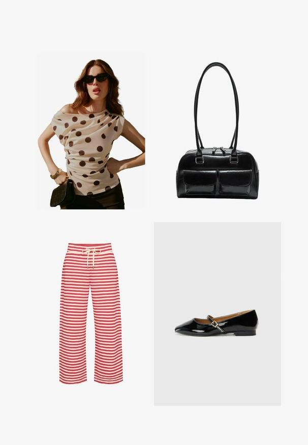 Blusa crema a pois con scollatura drappeggiata e maniche corte, abbinata a una borsa nera a pochette e occhiali da sole. Tessuto liscio e leggero.; Pantaloni a gamba larga a righe in rosso e crema, con vita elastica e cordoncino, tessuto morbido e design rilassato.; Scarpa piatta in pelle verniciata nera con punta affusolata, cinturino alla caviglia con fibbia in tono oro e tacco basso a blocco. Finitura liscia e lucida.; Borsa a tracolla nera in pelle con due tasche frontali, doppio manico e chiusura superiore con zip. Texture liscia e forma arrotondata.