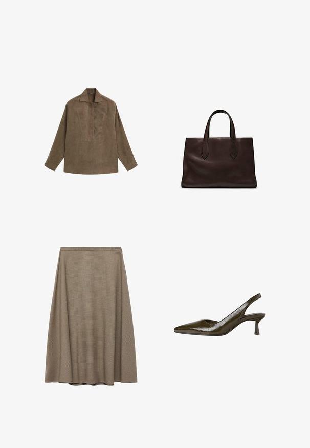 Braunes Wildleder-Pulloverhemd mit klassischem Kragen, langen Ärmeln und einem Frontschlitz-Design. Glatte Textur mit subtiler Schattierung.; Ein knielanger, A-Linien-Rock aus strukturiertem braunem Stoff mit einem dezenten Karomuster, der über einen glatten Bund und eine drapierte Silhouette verfügt.; Olivgrüner Slingback-Pump mit spitzer Zehenform und niedrigem, schlankem Absatz. Glänzende Textur mit leicht gewelltem Finish.; Braune Ledertasche mit zwei langen Griffen, strukturierte rechteckige Form, glatte Textur und dezente Nähdetails.