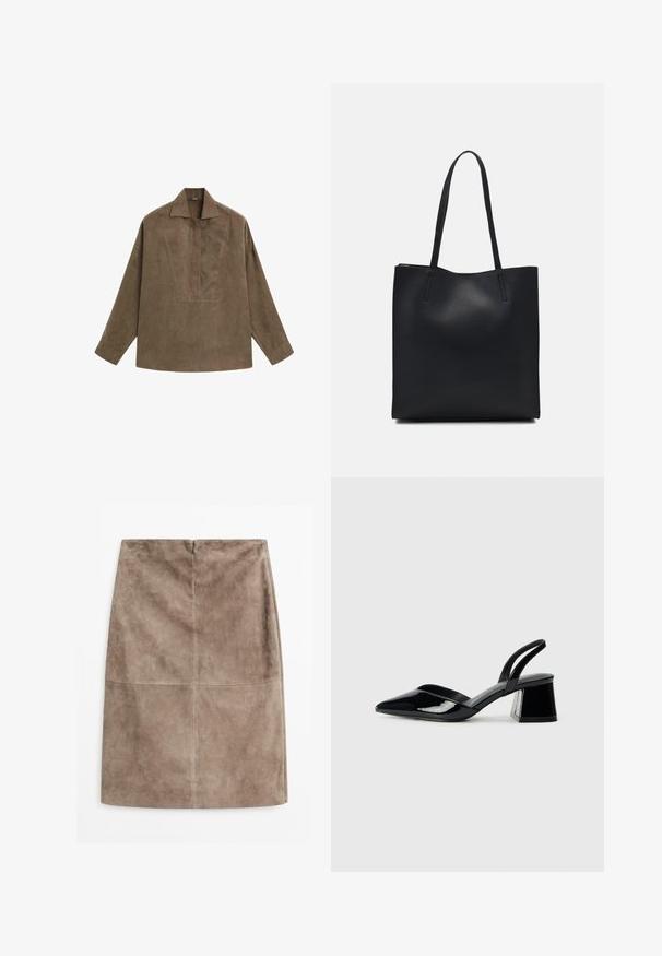 Braunes Wildleder-Pulloverhemd mit klassischem Kragen, langen Ärmeln und einem Frontschlitz-Design. Glatte Textur mit subtiler Schattierung.; Wildleder-Bleistiftrock in gedämpftem Taupe, mit glatter Textur, Reißverschluss hinten und mittleren Nahtdetails für zusätzlichen Akzent.; Schwarze Lackleder-Slingback-High Heels mit spitzem Schuh und einem geometrischen Blockabsatz. Verfügt über ein schlankes, minimalistisches Design und eine glatte Textur.; Schwarze Laptoptasche aus Leder mit glatter Textur, rechteckiger Form und zwei langen Griffen. Keine sichtbaren Beschläge oder Verzierungen.