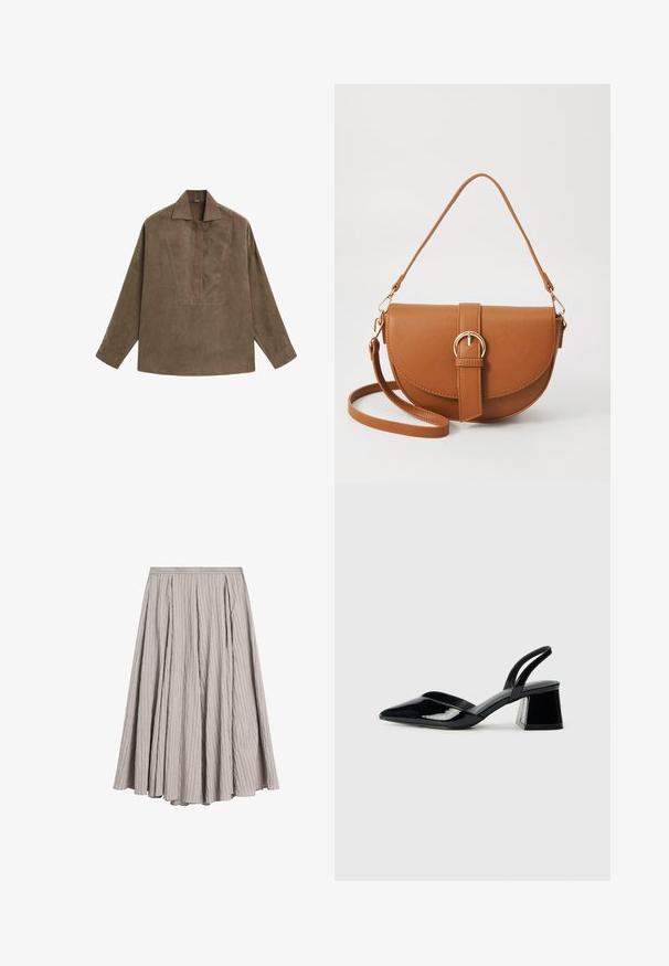 Brun ruskind pulloverskjorte med klassisk krave, lange ærmer og design med frontflap. Glat tekstur med subtil glans.; Lys grå midi-nederdel lavet af struktureret stof med lodrette plisseringer, der har en tætsiddende talje og en svagt udstående A-linjeform.; Sorte patentlæder slingback hæle med spids tå og en geometrisk blok hæl. Har et elegant, minimalistisk design og en glat tekstur.; Brun læder crossbody taske med en buet form, guldfarvet hardware og en spændeaccent. Har en aftagelig skulderrem.