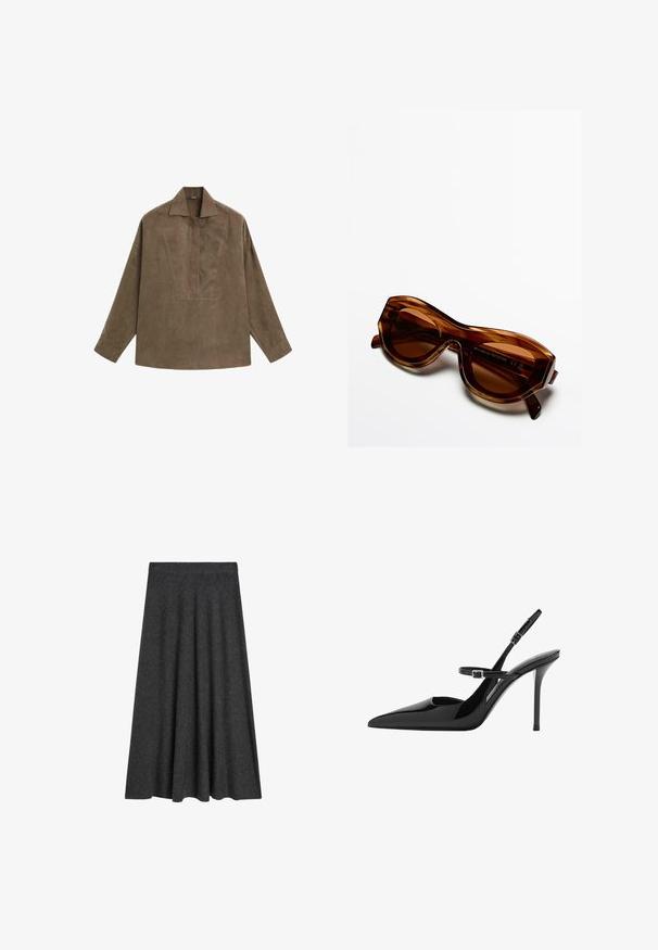 Bruin suède pullover shirt met een klassieke kraag, lange mouwen en een ontwerp met een voorplacket. Vlotte textuur met een subtiele glans.; Aangespte, knie-lange rok van donkergrijs wolmix, met een gladde textuur en een elastische tailleband voor comfort en draaggemak.; Zwarte gepatenteerde leren slingback hakken met een puntige neus, verstelbare band en stilettohakken. Gladde oppervlakte met een glanzende afwerking.; Schildpad zonnebril met hoekig ontwerp, donkerbruine lenzen, heldere accenten en een gedurfde, dikke montuur voor UV-bescherming.