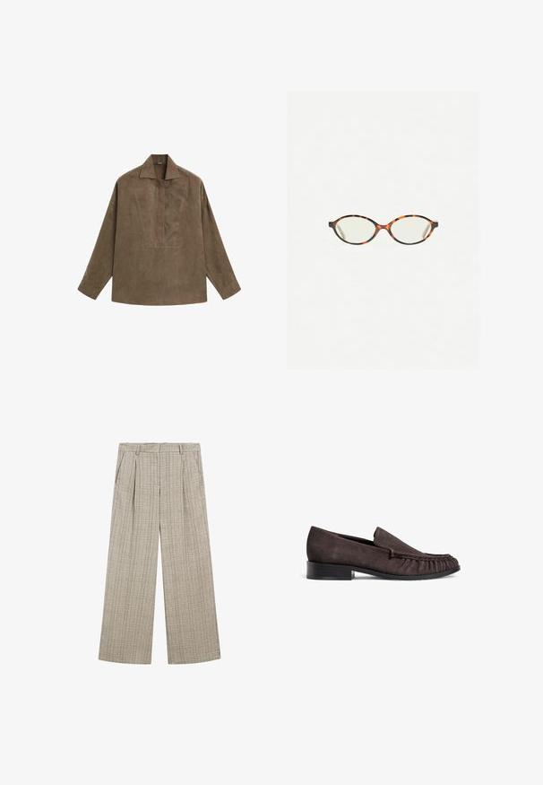 Bruin suède pullover shirt met een klassieke kraag, lange mouwen en een ontwerp met een voorplacket. Vlotte textuur met een subtiele glans.; Beige geruite wijde broek met een gestructureerde stof, voorplooien, zijzakken en een tailleband voor een veilige pasvorm.; Bruine suède instappers met een lage zwarte hak en gathered details aan de voorkant. Gladde textuur, ronde neus en minimalistisch ontwerp.; Kattenoogbril met ovale lenzen en een strakke, gladde afwerking. Heeft dunne zijkanten met een subtiele kromming bij de slapen. Transparante lenzen.