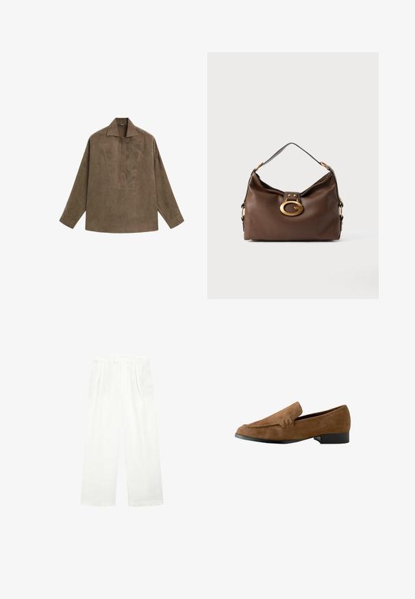 Bruin suède pullover shirt met een klassieke kraag, lange mouwen en een ontwerp met een voorplacket. Vlotte textuur met een subtiele glans.; Witte wijde broek gemaakt van een lichte stof, met een vlakke voorkant, plooien en een tailleband, die een losse, luchtige pasvorm biedt.; Bruine suède instappers met een licht verhoogde hak, een gladde textuur, stiksels op de voorzijde en een ronde neus.; Bruine leren handtas met een textuurafwerking, voorzien van een gouden sluiting en een enkele, gebogen schouderriem.