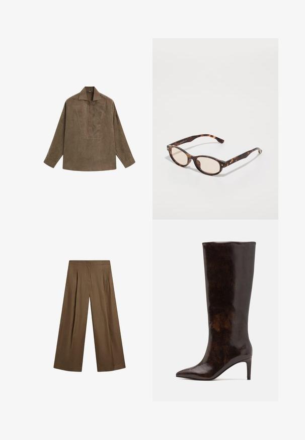 Brown suede pullover shirt featuring a classic collar, long sleeves, and a front placket design. Smooth texture with subtle sheen.; Wide-leg trousers in a solid brown color, made from a soft fabric with a smooth texture. Features front pleats and a tailored waistband.; Call it Spring RHODDE - High heeled boots - medium brown; Tortoiseshell sunglasses with a rounded shape and light lenses. Features sturdy arms with small gold accents, made from plastic material.