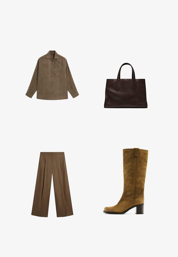 Braunes Wildleder-Pulloverhemd mit klassischem Kragen, langen Ärmeln und einem Frontschlitz-Design. Glatte Textur mit subtiler Schattierung.; Weite Hosen in einem einfarbigen Braun, aus einem weichen Stoff mit glatter Textur gefertigt. Mit Vorderfalten und einem taillierten Bund.; Braune Wildlederstiefel bis zum Knie mit quadratischer Zehenform und Blockabsatz. Verfügt über ein Seitenpanel und eine Zuglasche am oberen Ende für einfaches An- und Ausziehen.; Braune Ledertasche mit zwei langen Griffen, strukturierte rechteckige Form, glatte Textur und dezente Nähdetails.