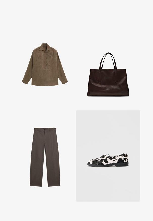 Brun mocka pullover skjorta med klassisk krage, långa ärmar och en frontplacketdesign. Slät textur med subtil lyster.; Breda byxor i mörkt brunt tyg. Har en knappstängning, två framfickor och en slät textur med rena sömmar.; Svartvita loafers med cow-print och en platt gummisula, med en slät textur och rundad tådesign. Justerbar remdetalj på ovansidan.; Massimo Dutti Handväska - brown